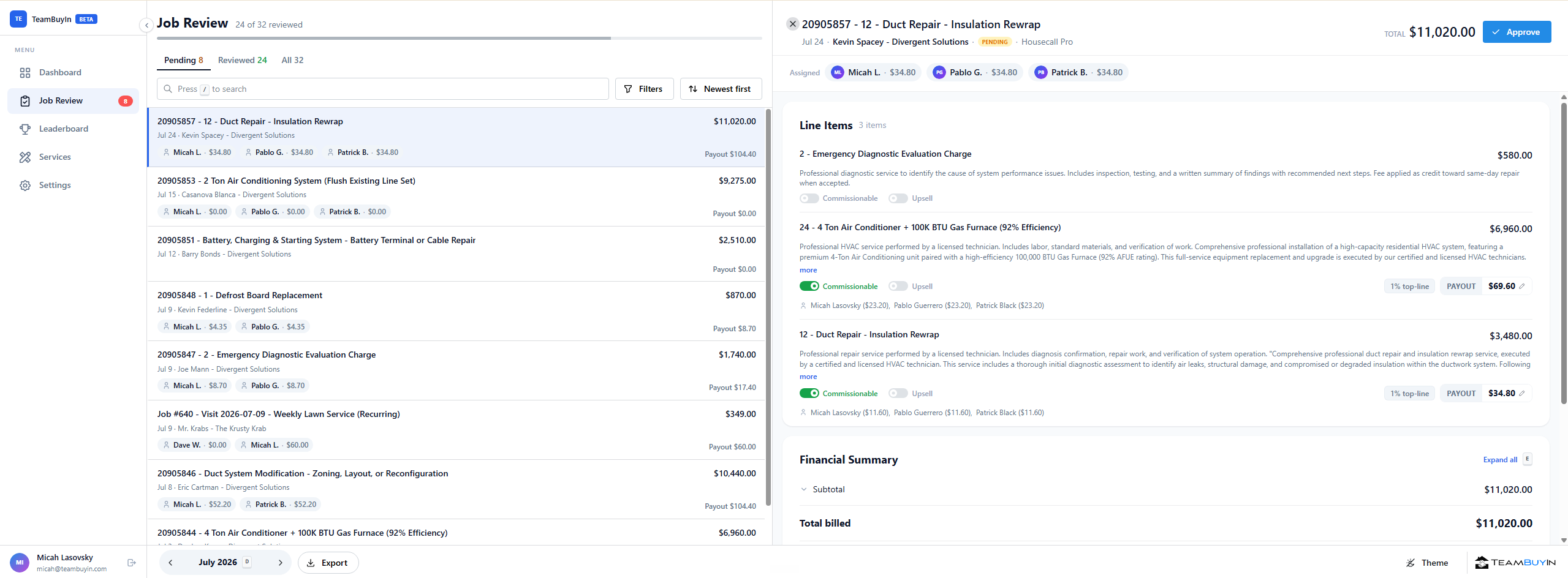 TeamBuyIn owner Job Review showing commissions, payouts, and approval controls