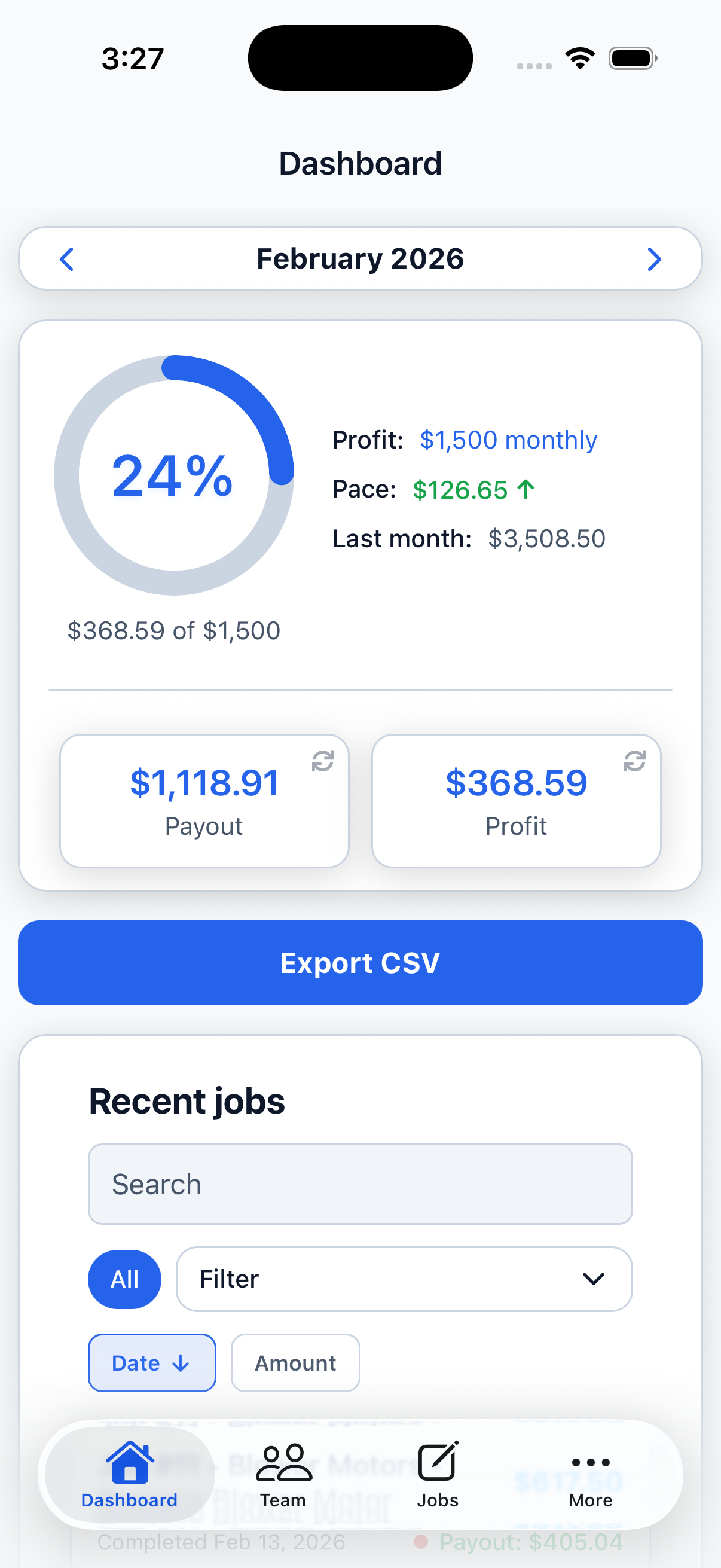 TeamBuyIn technician dashboard showing earnings, payout goal, and recent jobs
