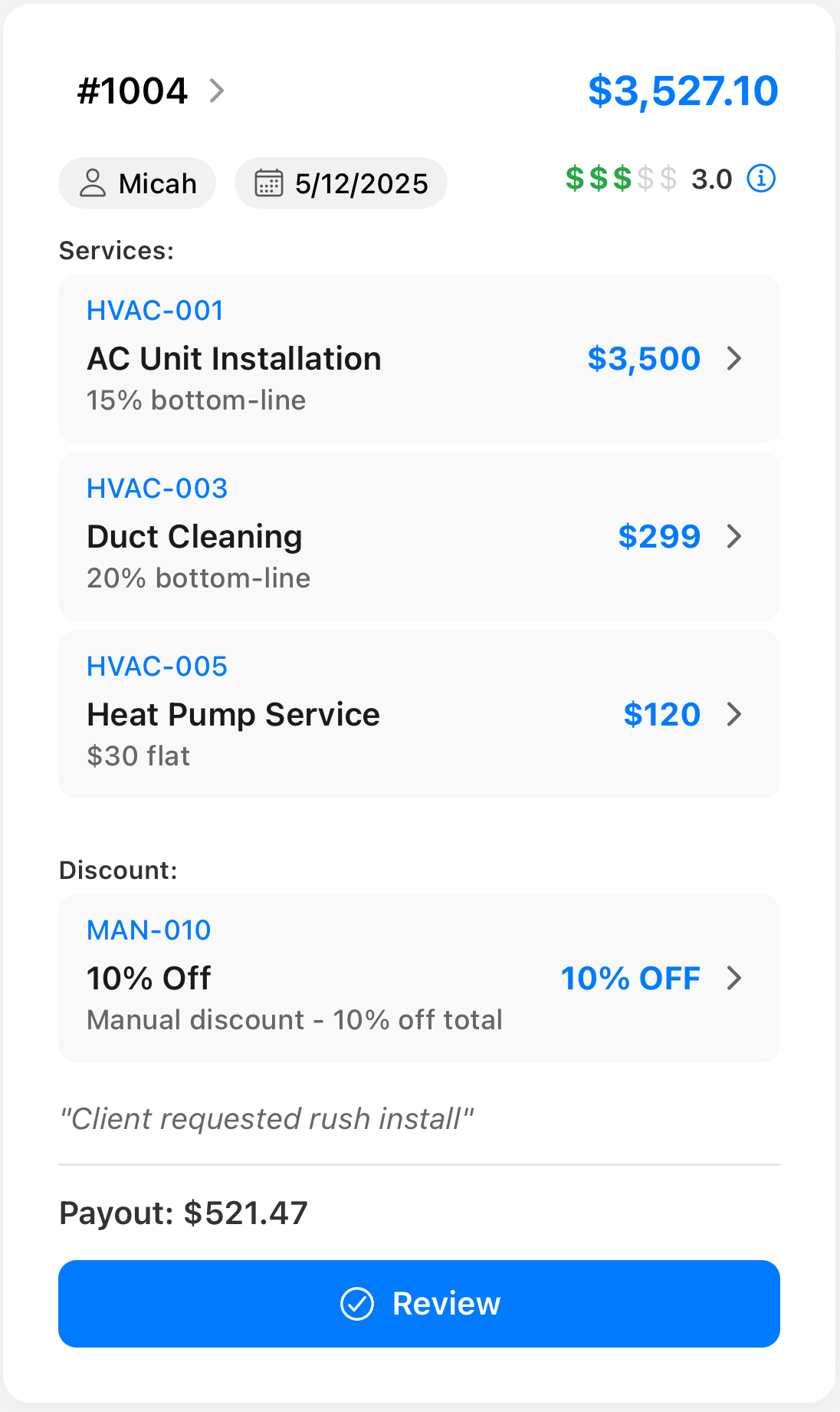 Technician job card showing service details and payout calculation