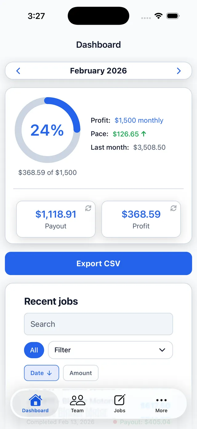 TeamBuyIn employee dashboard showing current payouts and recent jobs